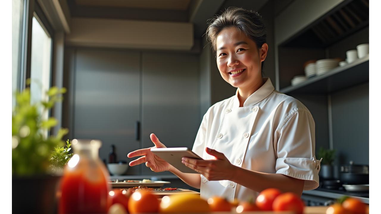 한강식품유통 창업자가 한국 전통 음식과 현대 식자재를 배경으로 서 있는 모습