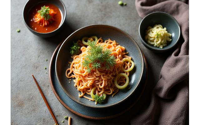 한국 전통적인 식기를 배경으로 한 정갈한 한식 이미지
