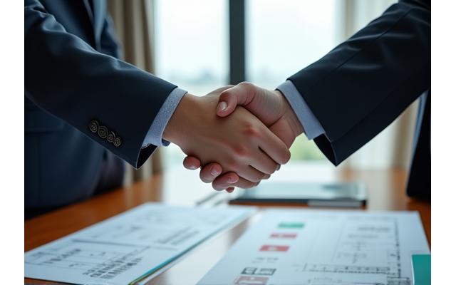 두 사람이 손을 맞잡고 계약을 체결하는 비즈니스 장면