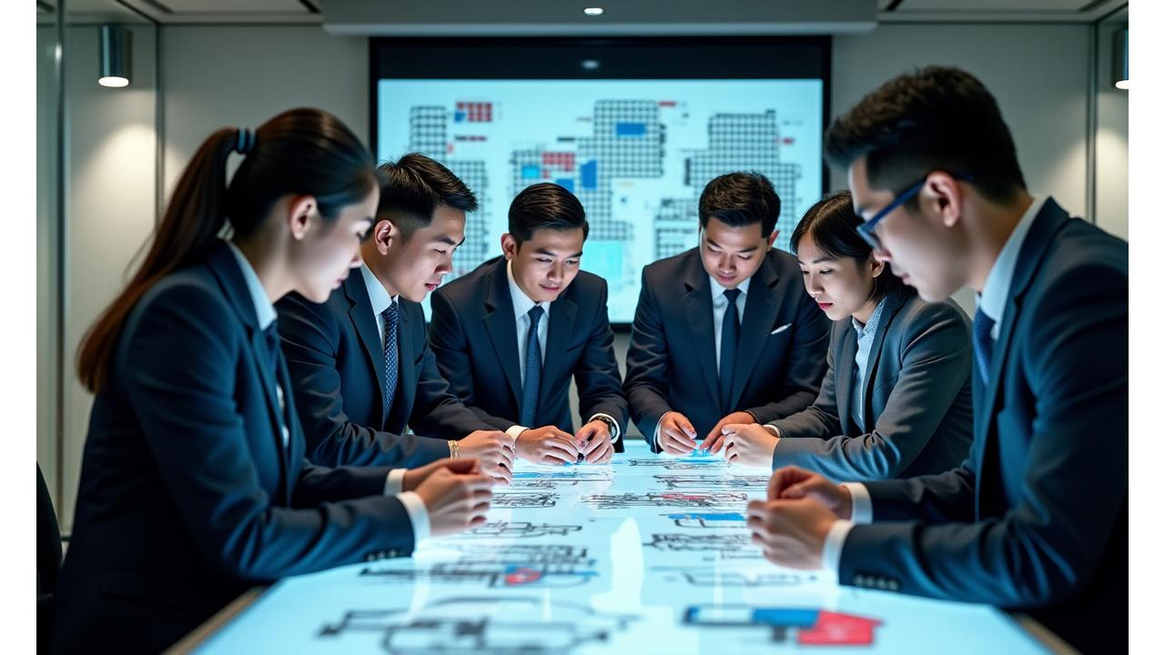 다양한 크기와 모양의 냉장 컨테이너와 물류 전문가들이 함께 토론하는 모습