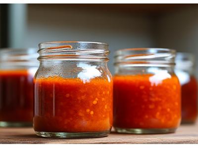 전통 유리 용기에 담겨 보관되는 한국의 장류 (간장, 된장, 고추장)