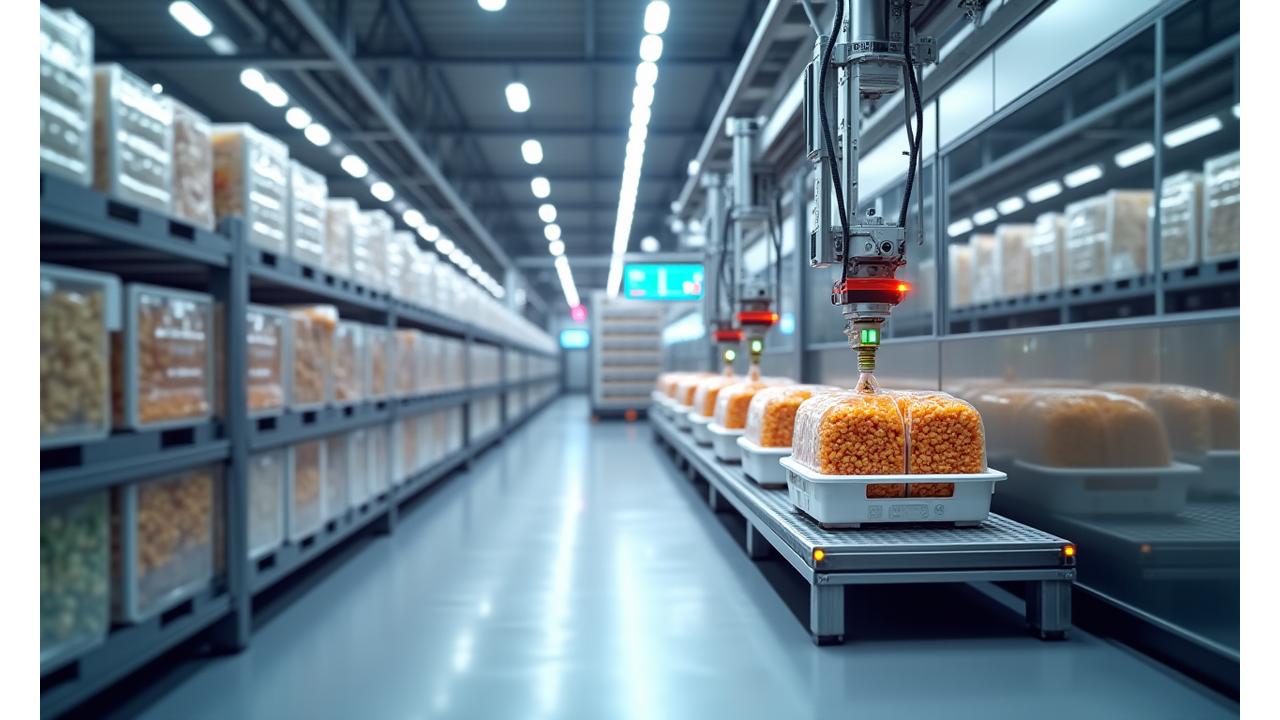 최첨단 콜드체인 물류 창고 내부 전경, 온도 제어 시스템 및 자동화된 선반