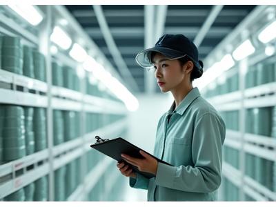 클립보드를 든 품질 관리 매니저가 깨끗한 콜드스토리지 시설을 검사하는 모습