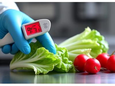 신선한 한국 채소를 검사하는 식품 전문가의 클로즈업 손, 디지털 온도계 사용
