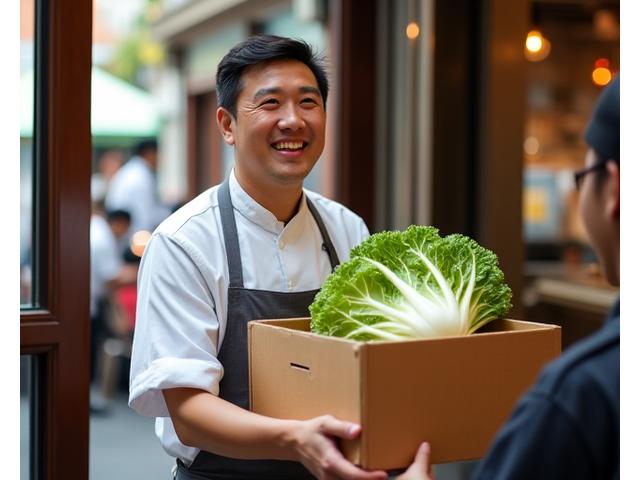 콜드체인 시스템으로 배송된 신선한 한국 음식 상자를 받는 행복한 레스토랑 주방장