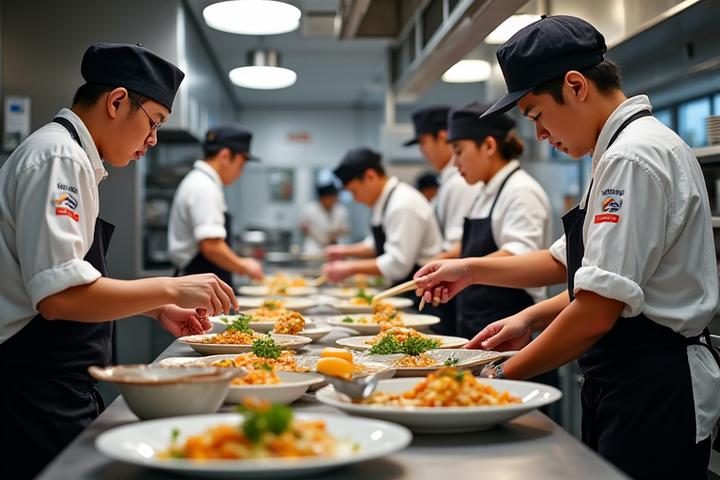 현대적이고 효율적인 한식 주방에서 셰프들이 신속하게 요리하는 모습