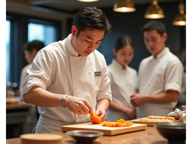 주방에서 셰프들이 한식 요리 기술을 배우는 모습