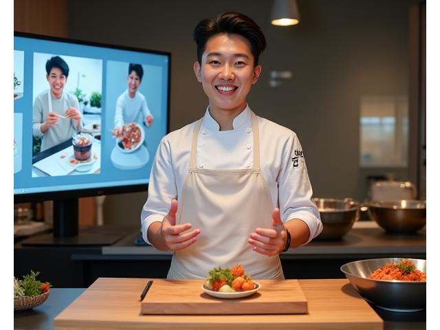 한국인 셰프가 온라인 비디오 튜토리얼을 통해 한식 요리를 시연하는 모습