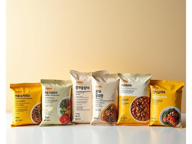 다국어 라벨이 부착된 다양한 브랜드의 한국 밀키트 포장재