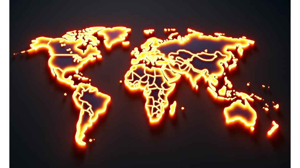 세계 지도의 주요 도시에 한강식품유통의 유통망을 나타내는 아이콘들이 표시된 모습