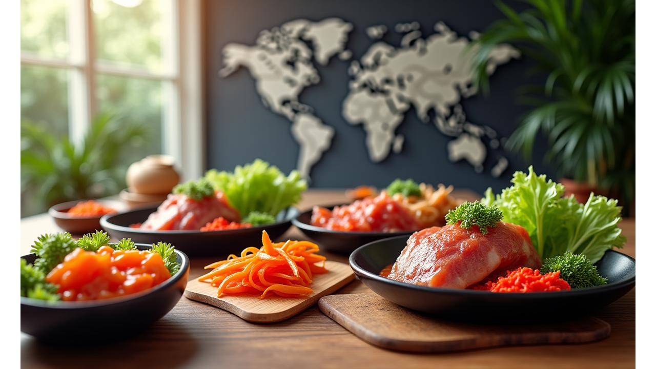다양한 한식 재료와 완성된 밀키트 요리가 놓인 식탁에 세계 지도가 배경으로 깔려있는 모습