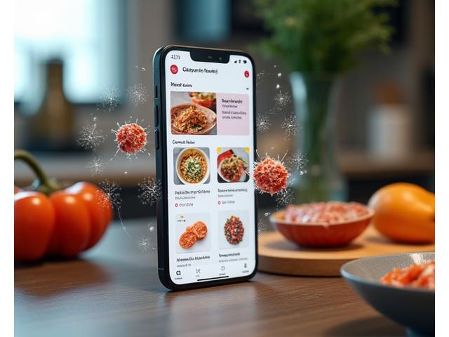 한식 밀키트 조리 과정을 안내하는 모바일 앱 인터페이스와 AR 요리 가이드가 구현된 모습