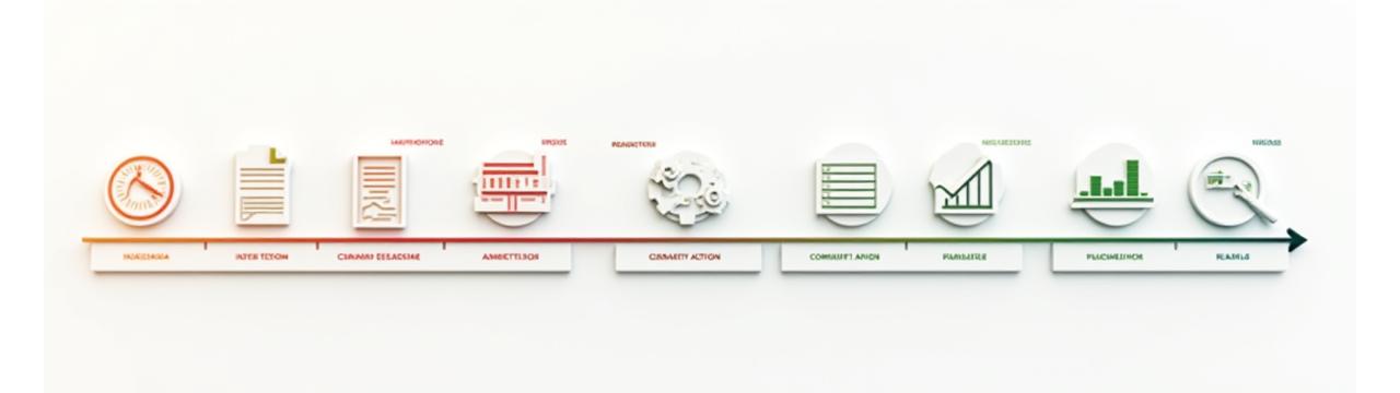 도식화된 감사 프로세스 타임라인과 주요 단계별 아이콘. 명확하고 전문적인 분위기.