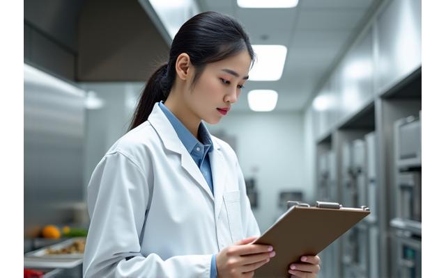 한식 사업장을 위한 HACCP 시스템 구축 이미지를 보여주는 전문가가 문서와 클립보드를 들고 주방을 점검하는 모습.