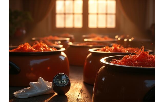 한국 전통 김치 저장고 (옹기)와 현대적인 식품 안전 검사 장비가 함께 보이는 이미지. 전통과 현대의 조화를 상징.