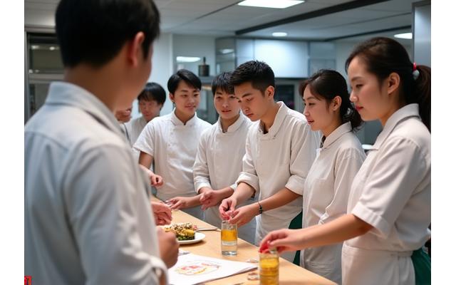 전문가가 여러 한식 조리사들에게 식품 안전 교육을 실시하는 모습. 교육 환경은 깨끗하고 전문적이다.