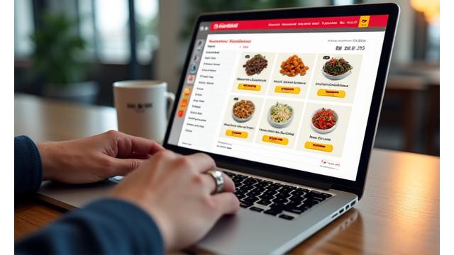 노트북 화면에 보이는 온라인 식품 주문 플랫폼