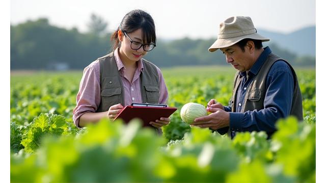 농부와 한강식품유통 직원이 밭에서 좋은 작물을 확인하는 모습