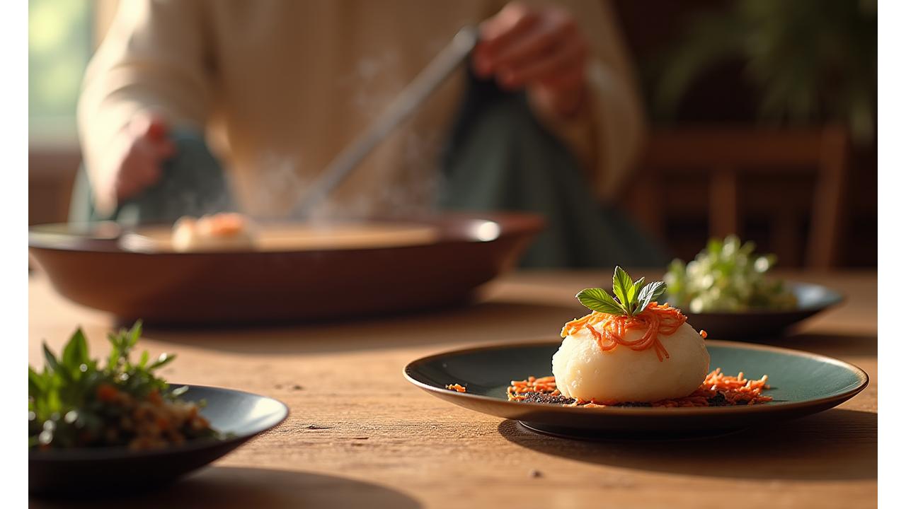 전통 한복을 입은 연주자가 가야금을 연주하는 모습과 함께 정갈한 한식 상차림이 보입니다.