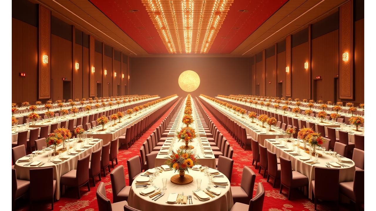 화려하고 웅장한 대규모 한식 연회장 풍경.