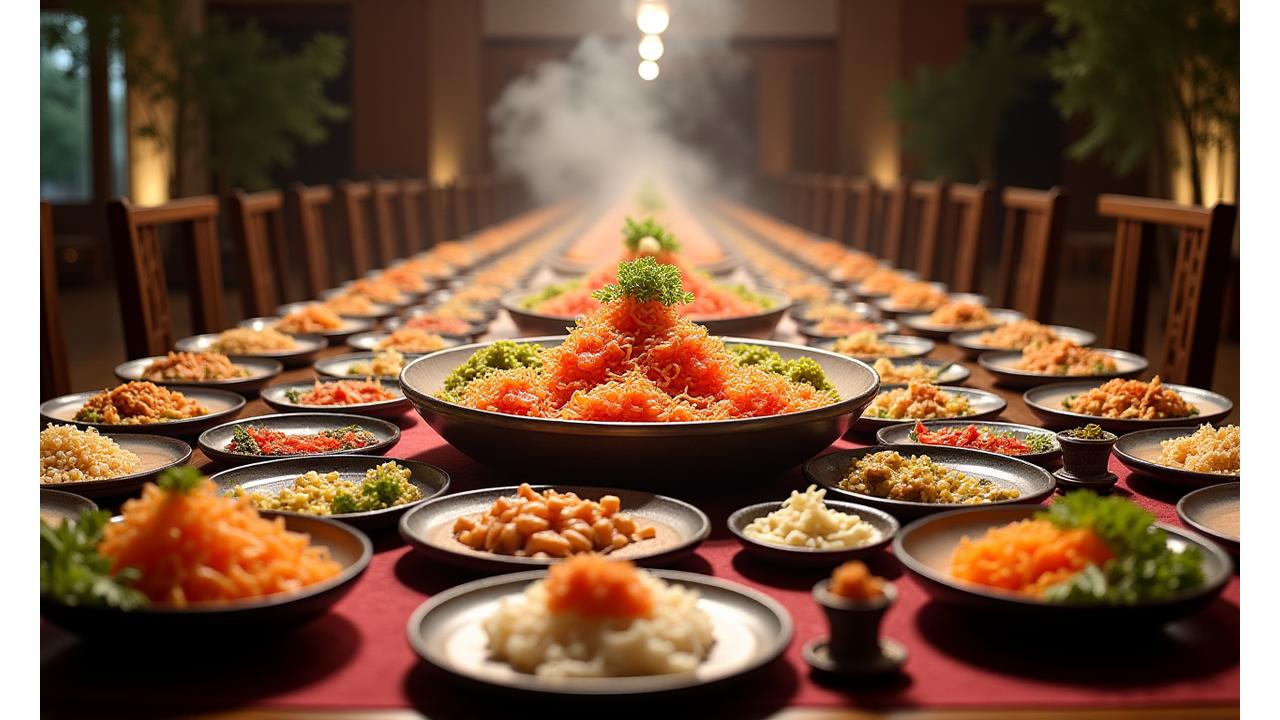 화려하게 차려진 전통 한정식 연회상, 다채로운 한식 요리가 돋보입니다.