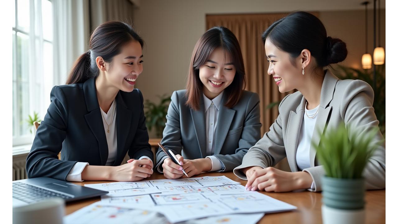 이벤트 플래너와 고객이 연회 메뉴와 세부 사항을 논의하는 장면.