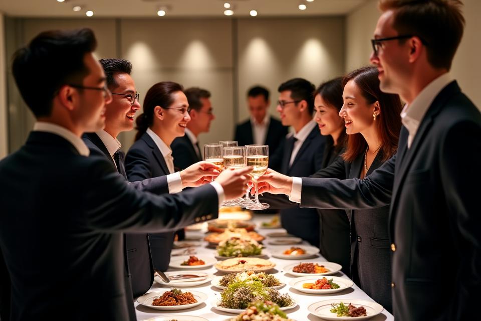 성공적인 기업 행사 후 임원진들이 건배하는 모습.