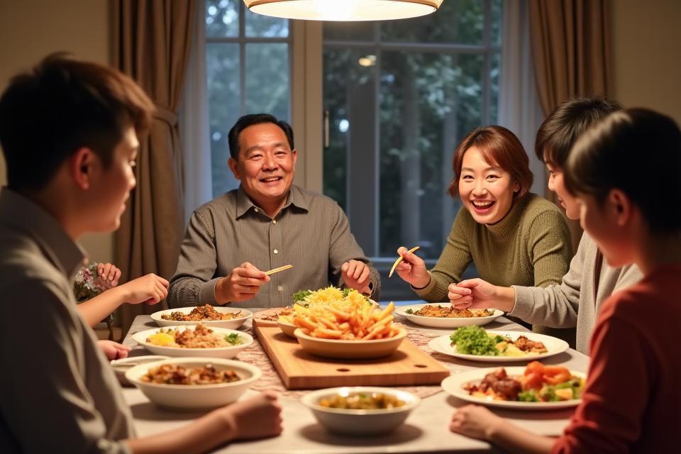 가족들이 모여앉아 한강식품유통 케이터링 음식을 즐기는 모습.