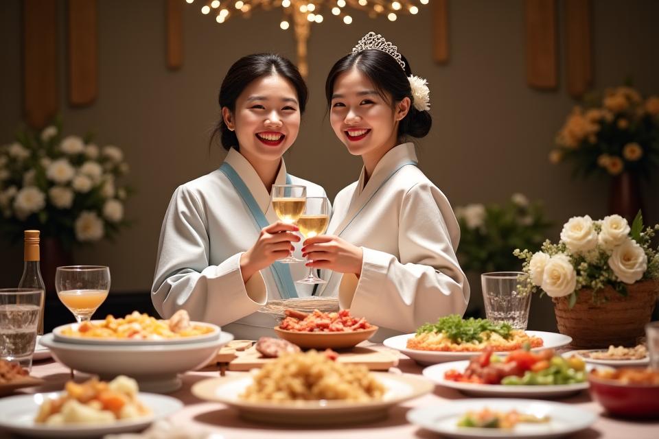 아름다운 웨딩 케이터링 상차림 앞에서 행복해하는 신혼부부.