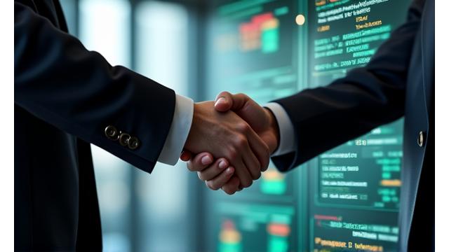 데이터 공유 시 파트너십을 나타내는 악수하는 모습, 보안이 강조된 디지털 인터페이스 배경
