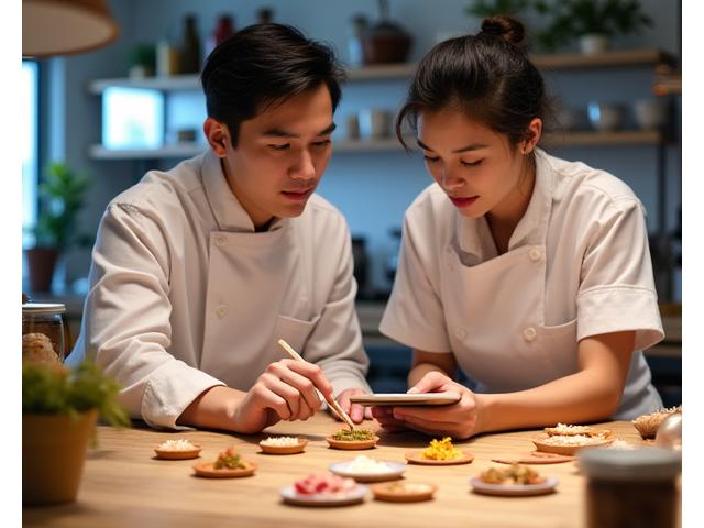 한강식품유통 연구원들이 협력하여 맞춤형 식품을 개발하는 모습